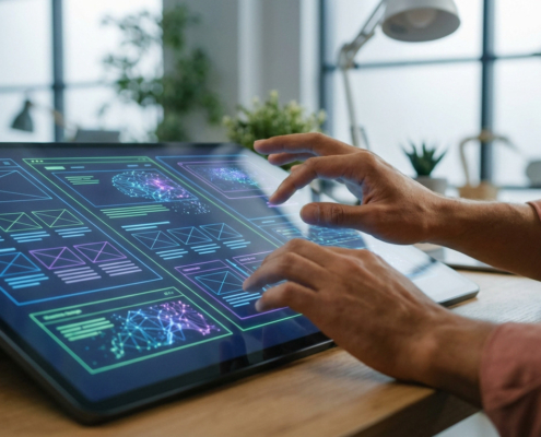 Mains sur une tablette montrant des maquettes de conception web et des visuels IA. Espace de travail moderne, humain-IA