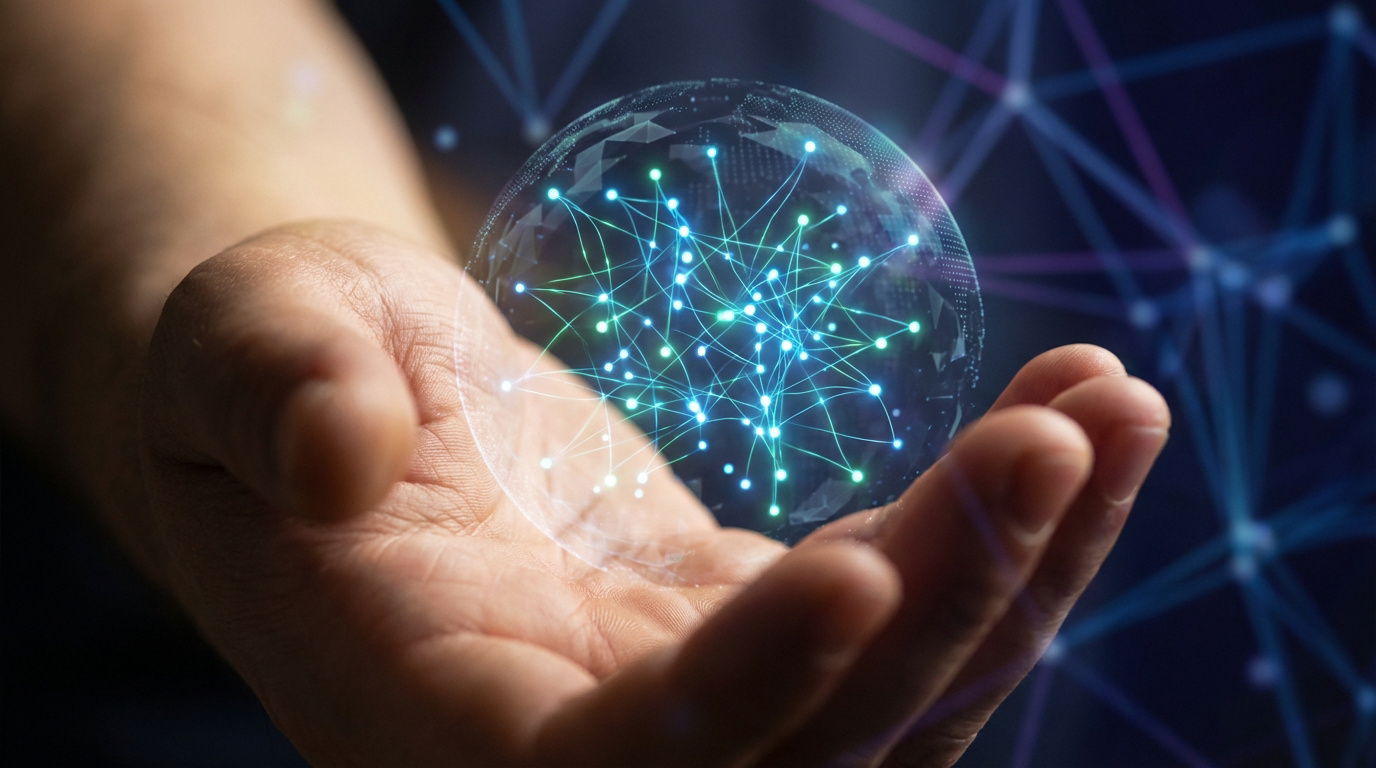 Vos données : maîtrise numérique et connectivité Gros plan d'une main tenant une sphère numérique lumineuse avec un réseau global de points connectés, sur fond sombre.