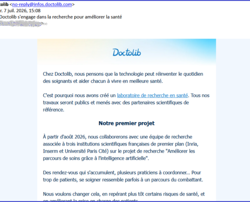 email-donnees-doctolib email informatif de Doctolib annonçant l'utilisation des données personnelles